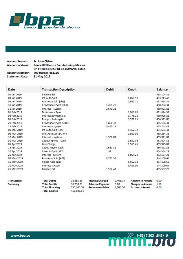 Cuba Banco Popular De Ahorro (BPA) wyciąg bankowy łatwy do wypełnienia szablon w formacie Excel i PDF